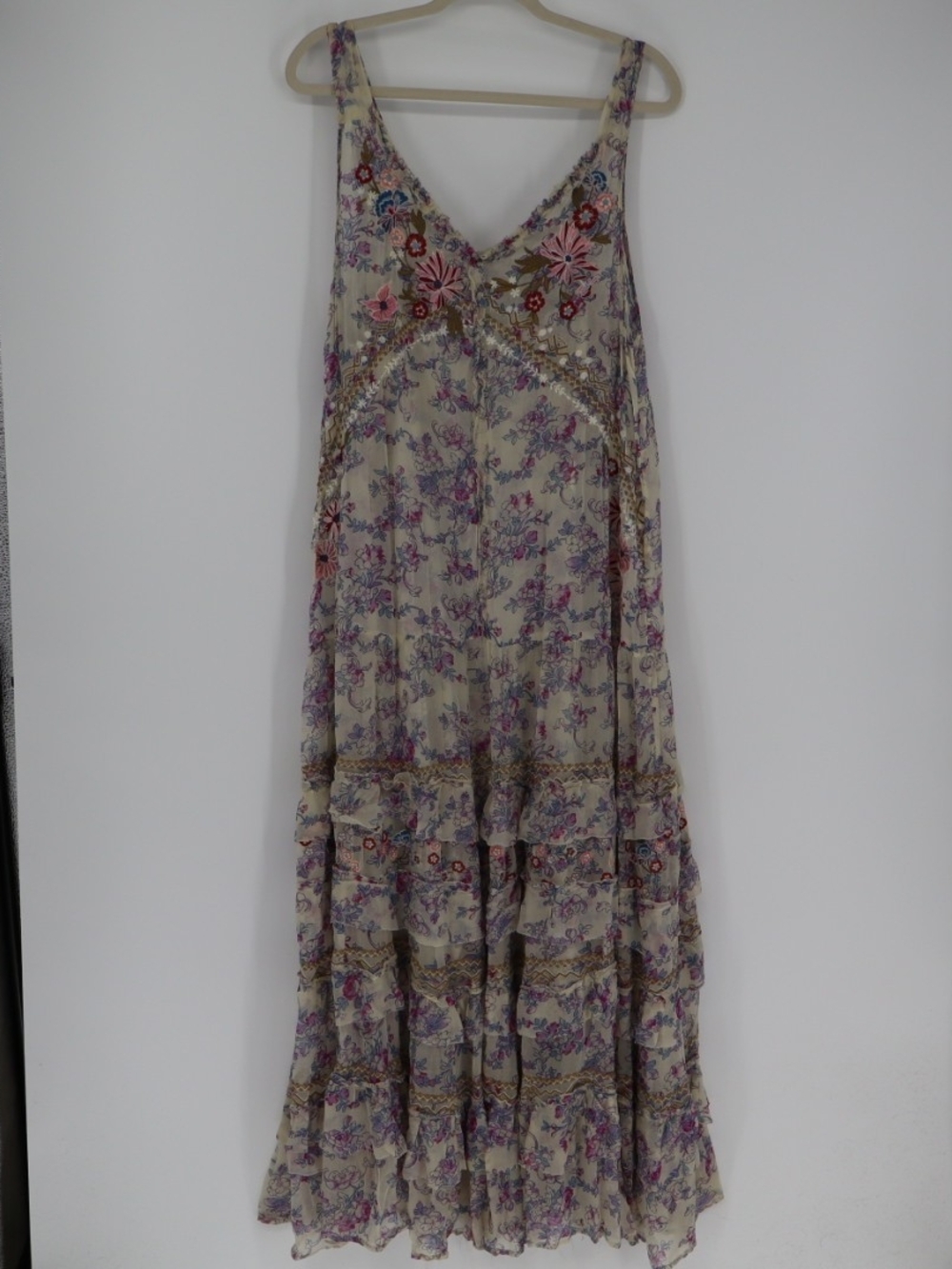 Sundance Maxi Dress Women’s Large Floral Embroidered Tiered Cupro Boho Cottage
